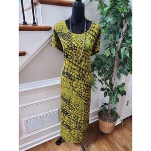 Vintage Carol Yellow & Black Polyester Round Neck Short Sleeve Maxi Dress 2XL